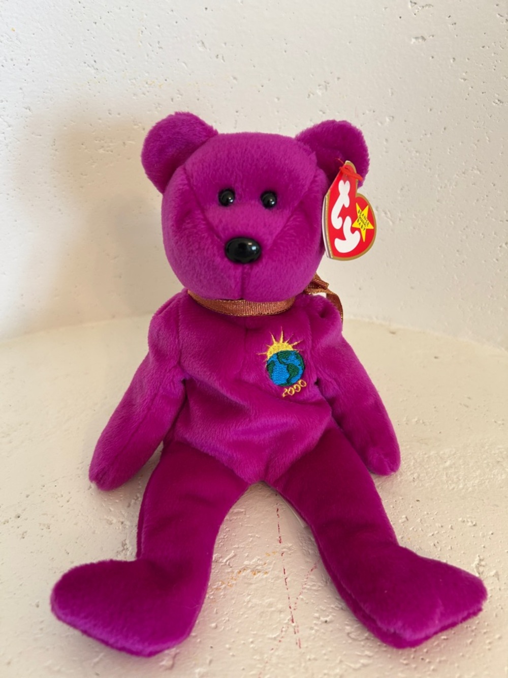 Ty Purple Millennium Beanie Baby Bear with Embroidered Globe